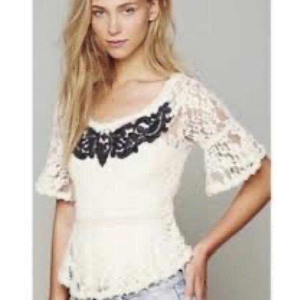 Free People Womens L Ivory Sheer Lace Peplum Crop Top Black Embroidered Blouse